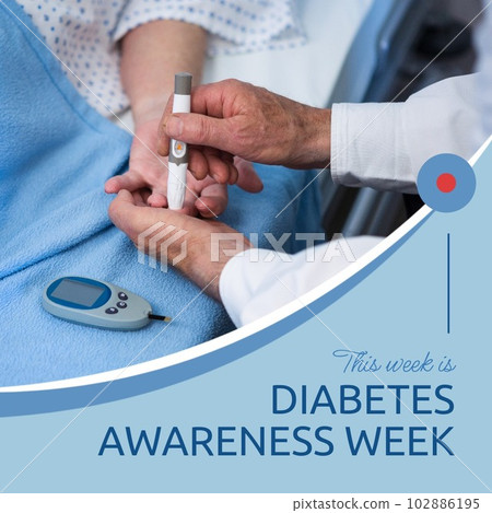 Composition of diabetes awareness week text over caucasian doctor using glucometer on female patient 102886195