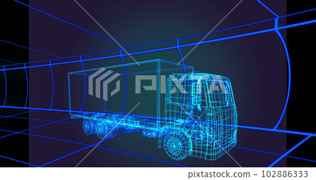 Composition of digital truck over lines on blue background 102886333