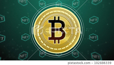Image of bitcoin symbol over nft text on green background Image of bitcoin symbol over nft text on green background 102886339