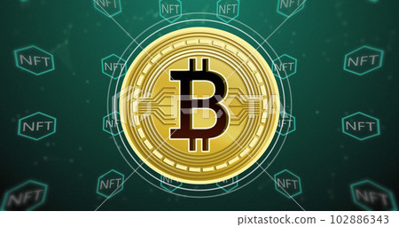 Image of bitcoin symbol over nft text on green background 102886343