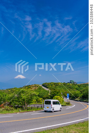 (靜岡縣)在杜鵑花盛開和富士山的伊豆天際線上行駛的汽車 (靜岡縣)在杜鵑花盛開和富士山的伊豆天際線上行駛的汽車 102886448