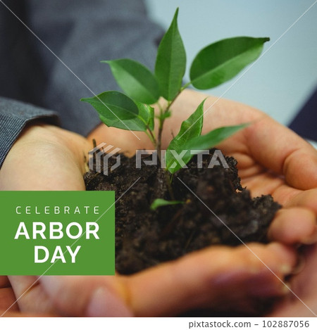 Composition of arbor day text and caucasian woman holding seedling 102887056
