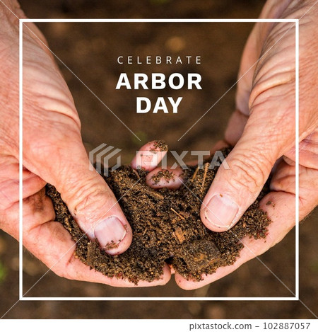 Composition of arbor day text and caucasian man holding seedling 102887057