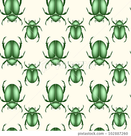 seamless pattern of a scarab beetles, vector insect in shiny green color isolated on a white vintage background 102887260