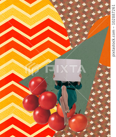 Contemporary art collage. Woman sitting and reading newspaper against abstract background with tomatoes. Organic diet 102887261
