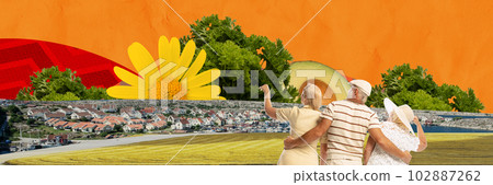Contemporary art collage. Senior people, man and women looking at sunset with flower and greens over abstract background 102887262