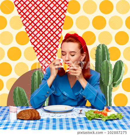 Contemporary art collage. Young redhead woman eating fried eggs against bright abstract background 102887275
