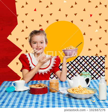 Contemporary art collage. Beautiful little girl, child smiling and eating delicious cereal for breakfast against abstract background 102887276