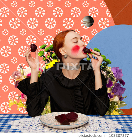 Contemporary art collage. Young beautiful girl eating and applying beer on cheeks against abstract background. Natural cosmetics. 102887277