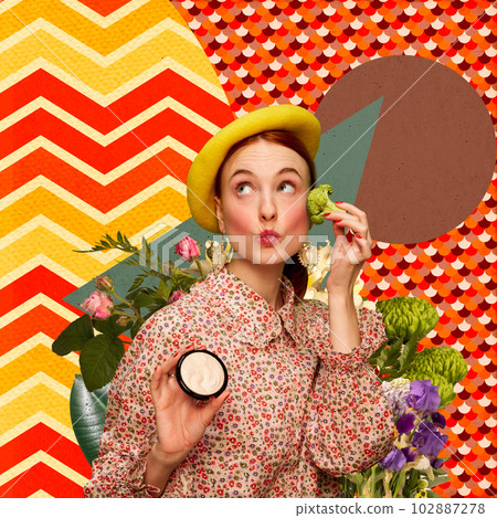 Contemporary art collage. Beautiful young girl in cute outfit applying blush with broccoli against abstract background 102887278