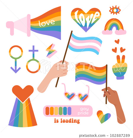 Set of LGBTQ community symbols with pride flags, gender signs, rainbow colored summer sumglasses, megaphone and loading bar. Pride month hand drawn elements concept. Gay parade symbols. Flat vector. 102887289