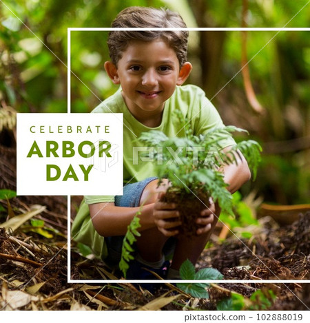 Composition of celebrate arbor day text and caucasian boy holding fern seedling 102888019