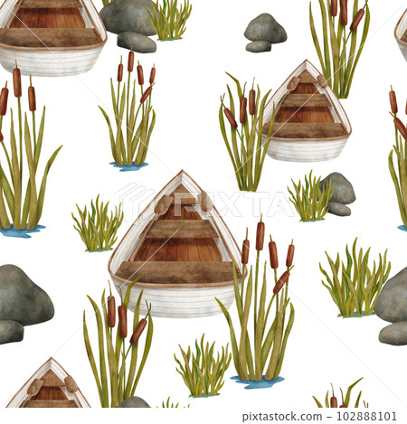 Watercolor wooden boat seamless pattern. Hand drawn landscape with rowing boat, reed plants, stones isolated on white. Lake, river trip design. Calm relaxing nature scene background for wallpaper 102888101