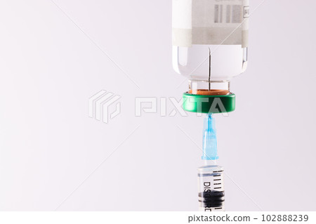 Syringe filling from vial of clear liquid such as insulin, on white background with copy space Syringe filling from vial of clear liquid such as insulin, on white background with copy space 102888239