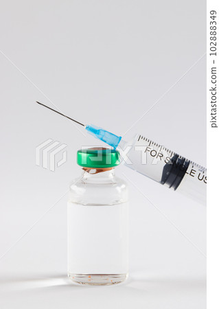 Vial of clear liquid and large syringe on white background with copy space Vial of clear liquid and large syringe on white background with copy space 102888349