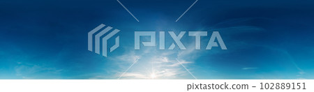 Sunset sky panorama with bright glowing pink Cirrus clouds. HDR 360 seamless spherical panorama. Full zenith or sky dome for 3D visualization, sky replacement for aerial drone panoramas. 102889151