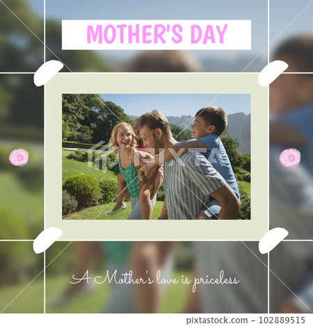 Caucasian happy parents piggybacking children in park, mother's day and a mother's love is priceless 102889515