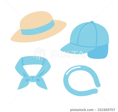 A set of a hat and a neck cooler that can be used to prevent heat stroke when going out (with a white border) 102889707