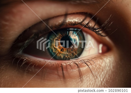 Gorgeous close-up of a young woman's eye in stunning blue color. Macro view of the pupil and iris with focus on the lashes. Perfect for beauty and makeup photography. AI Generative. Gorgeous close-up of a young woman's eye in stunning blue color. Macro view of the pupil and iris with focus on the lashes. Perfect for beauty and makeup photography. AI Generative. 102890101