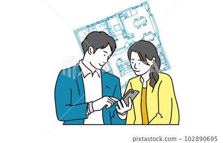 亞洲男人和女人在智能手機上看房地產 102890695