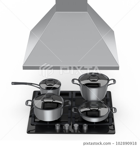 Set of kitchen utensil, stewpot, frying pan and chrome cookware hanging on shelf 102890918