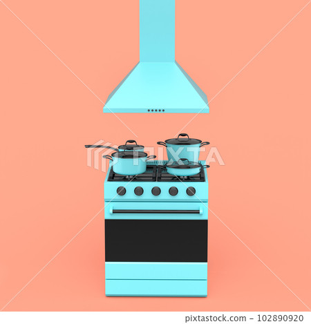 Set of kitchen utensil, stewpot, frying pan and chrome cookware hanging on shelf Set of kitchen utensil, stewpot, frying pan and chrome cookware hanging on shelf 102890920