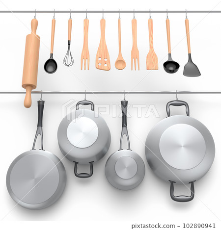 Set of kitchen utensil, stewpot, frying pan and chrome cookware hanging on shelf 102890941