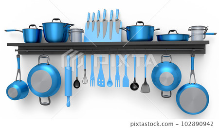 Set of kitchen utensil, stewpot, frying pan and chrome cookware hanging on shelf 102890942