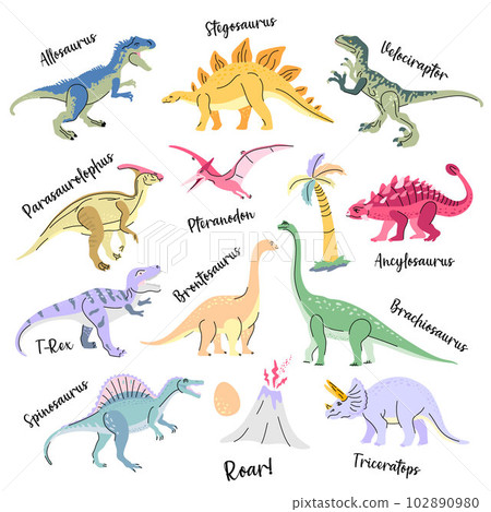 Set of cute bright dinosaurs including T-rex, Brontosaurus, Triceratops, Velociraptor, Pteranodon, Allosaurus, etc. Isolated on white Trend illustration for kid Set of cute bright dinosaurs including T-rex, Brontosaurus, Triceratops, Velociraptor, Pteranodon, Allosaurus, etc. Isolated on white Trend illustration for kid 102890980