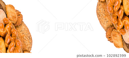 Bread, baguette and appetizing pastries isolated on white. Wide photo. There is space for text. Collage. 102892399