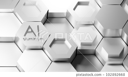 3D rendering of hexagonal crystal lattice of Aluminium metal. Industrial honeycomb metallic material production background. Realistic grey metal illustration background 3D rendering of hexagonal crystal lattice of Aluminium metal. Industrial honeycomb metallic material production background. Realistic grey metal illustration background 102892668