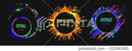 Set of circular frames with copy space Dark circle on background with paint brush strokes, dynamic glowing lines, spattered paint of neon colors Abstract elements, templates for logo, advertisment. 102892985