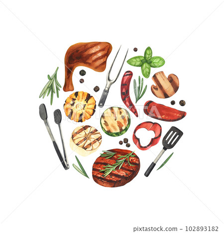 Watercolor round frame barbecue. Elements for cooking bbq - grill, chicken and meat. Hand-drawn illustration isolated on white background. Perfect concept food menu, design packing, for cooking 102893182
