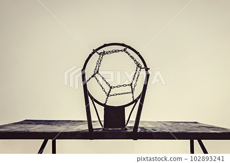 Bottom view of a street metal basketball hoop outdoors. Sport and healthy lifestyle concept 102893241