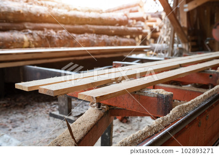 Sawmill. Wooden planks at a sawmill or in a carpentry workshop. Sawing, drying wood 102893271