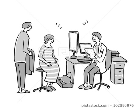 孕婦和隨行家屬在醫院與醫生交談（單色） 102893976