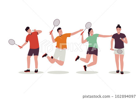 Badminton player vector illustration set. Illustration for website, landing page, mobile app, poster and banner. Trendy flat vector illustration Badminton player vector illustration set. Illustration for website, landing page, mobile app, poster and banner. Trendy flat vector illustration 102894097