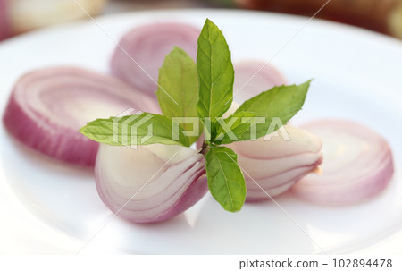 Sliced onion with mint leaves Sliced onion with mint leaves 102894478