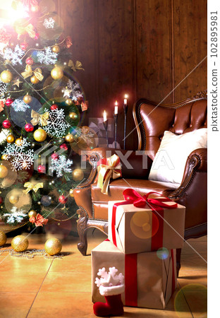 Christmas scene with tree gifts 102895981