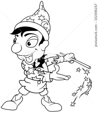 Drawing of a Smiling Magician with a Magic Wand Drawing of a Smiling Magician with a Magic Wand 102896287