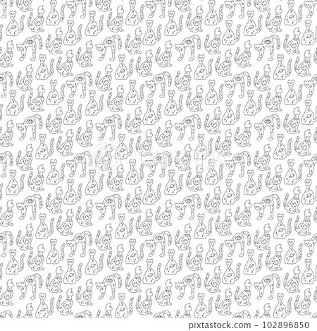 Seamless pattern with three silhouettes of magical cats. Doodle vector illustration. Seamless pattern with three silhouettes of magical cats. Doodle vector illustration. 102896850