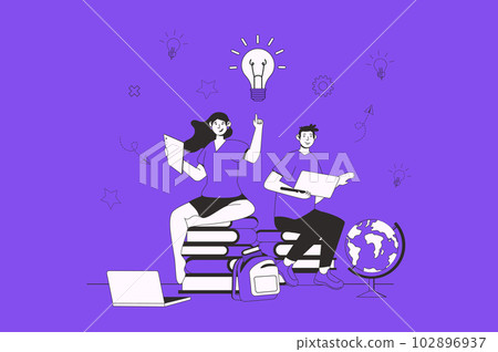 Knowledge web concept with character scene in flat design. People reading different books for improving skills and preparing to graduates exam. Illustration for social media marketing material. 102896937
