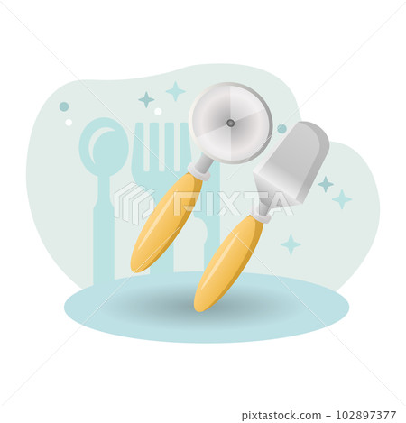 Tableware illustration. Kitchen spatula, pizza knife, handle, steel. Editable vector graphic design. Tableware illustration. Kitchen spatula, pizza knife, handle, steel. Editable vector graphic design. 102897377