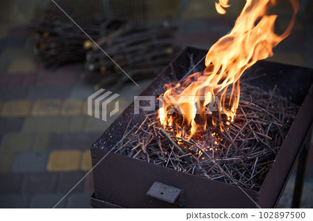 Still life with tree branches burning in flaming fire in the barbecue grill. Preparation of food in the open air. The season of summer picnic and barbeque party. Close-up view 102897500