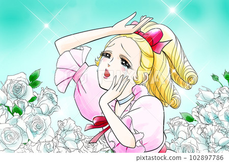 老女孩卡通風格女孩流淚玫瑰背景 102897786
