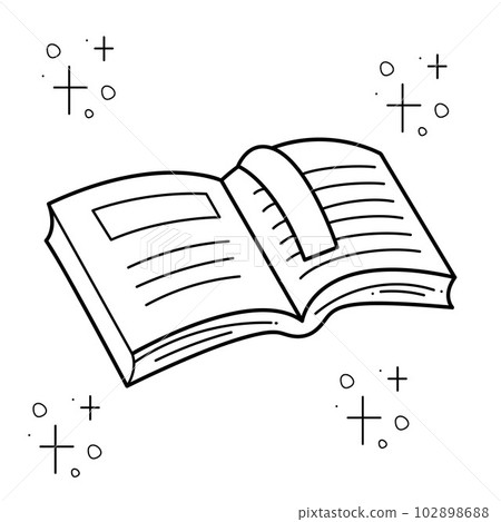 An open book with a bookmark surrounded by stars. Doodle black and white vector illustration. 102898688