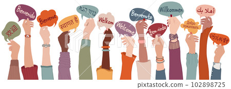 Raised arms and hands of multi-ethnic people from different nations and continents holding speech bubbles with text -Welcome- in various international languages.Communication. Community 102898725