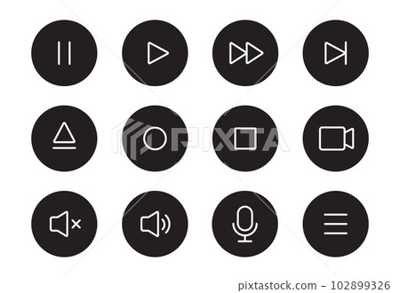 Audio sound, video player button line icon. Music play, sound mute, pause button thin editable line icon set. Microphone, camera, audio pictogram. Vector Audio sound, video player button line icon. Music play, sound mute, pause button thin editable line icon set. Microphone, camera, audio pictogram. Vector 102899326