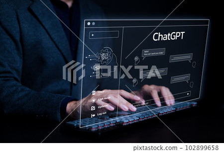 ChatGPT, Chat with AI or Artificial Intelligence technology. Man using a laptop computer chatting with an intelligent artificial intelligence asks for the answers he wants. Smart assistant futuristic, 102899658