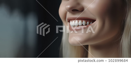 Snow-white smile, healthy teeth. Female smile after teeth whitening procedure. Portrait of young European smiling woman looking away against dark background. Problems of dentistry. Generated by AI Snow-white smile, healthy teeth. Female smile after teeth whitening procedure. Portrait of young European smiling woman looking away against dark background. Problems of dentistry. Generated by AI 102899684